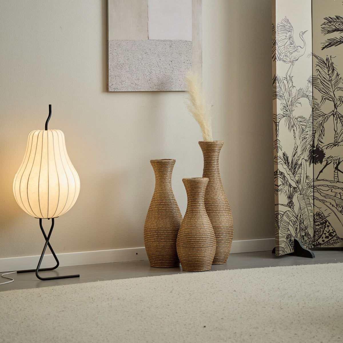 3 Piece beige artificial rattan floor vase set by HouseOfZazla in tall tapered shapes on Tampa Home & Garden Store