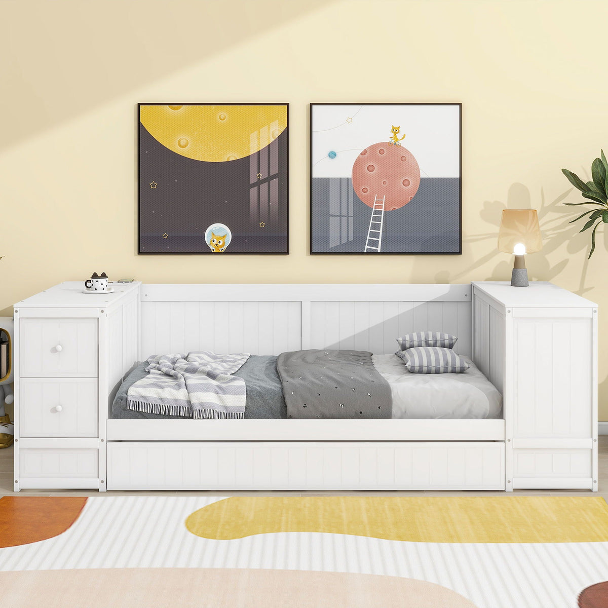 Daybed with storage arms, trundle and charging station, white finish with end storage drawers on Tampa Home & Garden Store