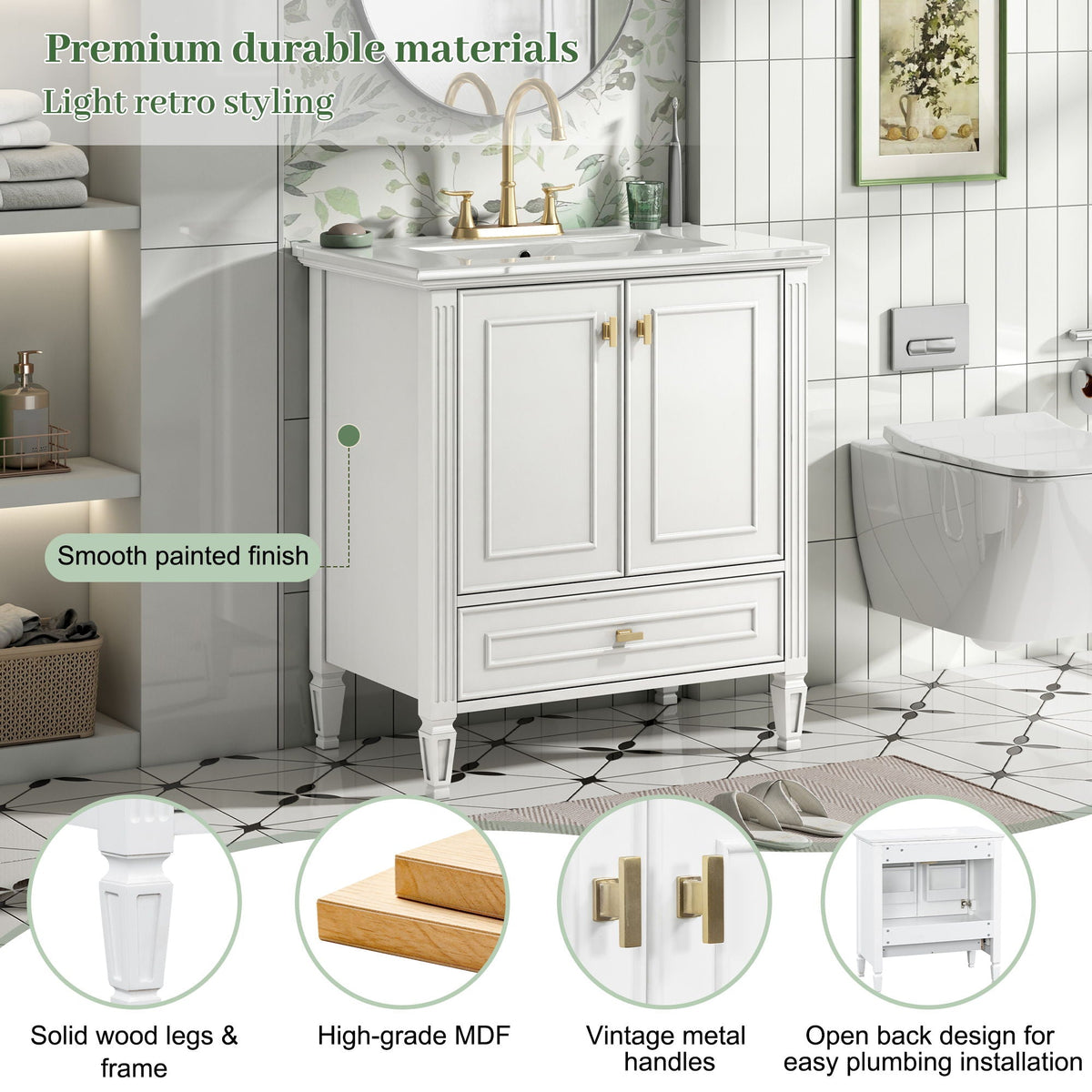 HouseOfZazla freestanding vanity with drawer and soft-close doors, white finish, brass faucet on Tampa Home & Garden Store