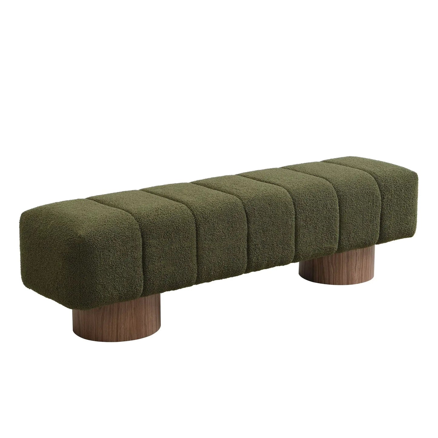 Upholstered dining bench in olive boucle with chunky padded sections and wood legs on Tampa Home & Garden Store