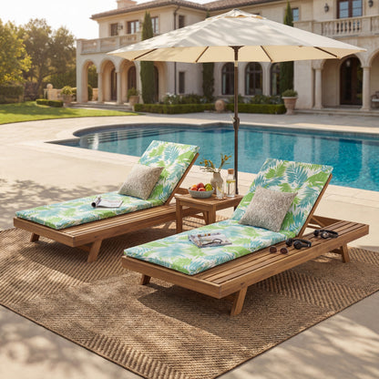 Outdoor chaise lounge set (2) in light brown Acacia with 2-inch thick cushions on Tampa Home & Garden Store