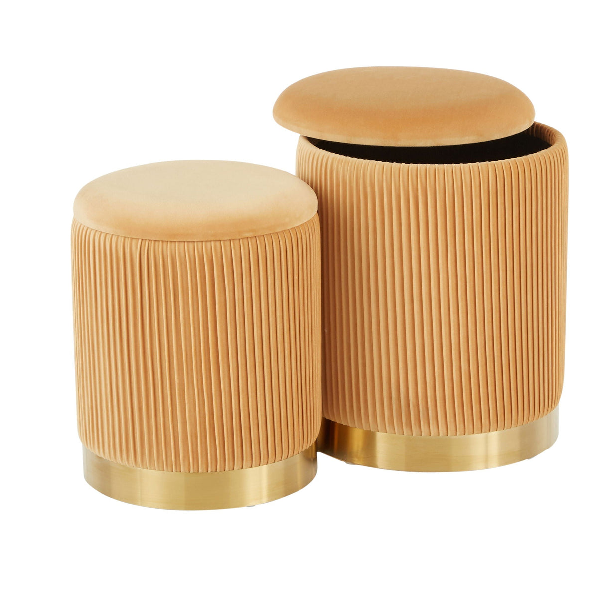 Contemporary nesting pleated ottoman set in tan upholstery with gold-tone bases, 3-piece on Tampa Home & Garden Store