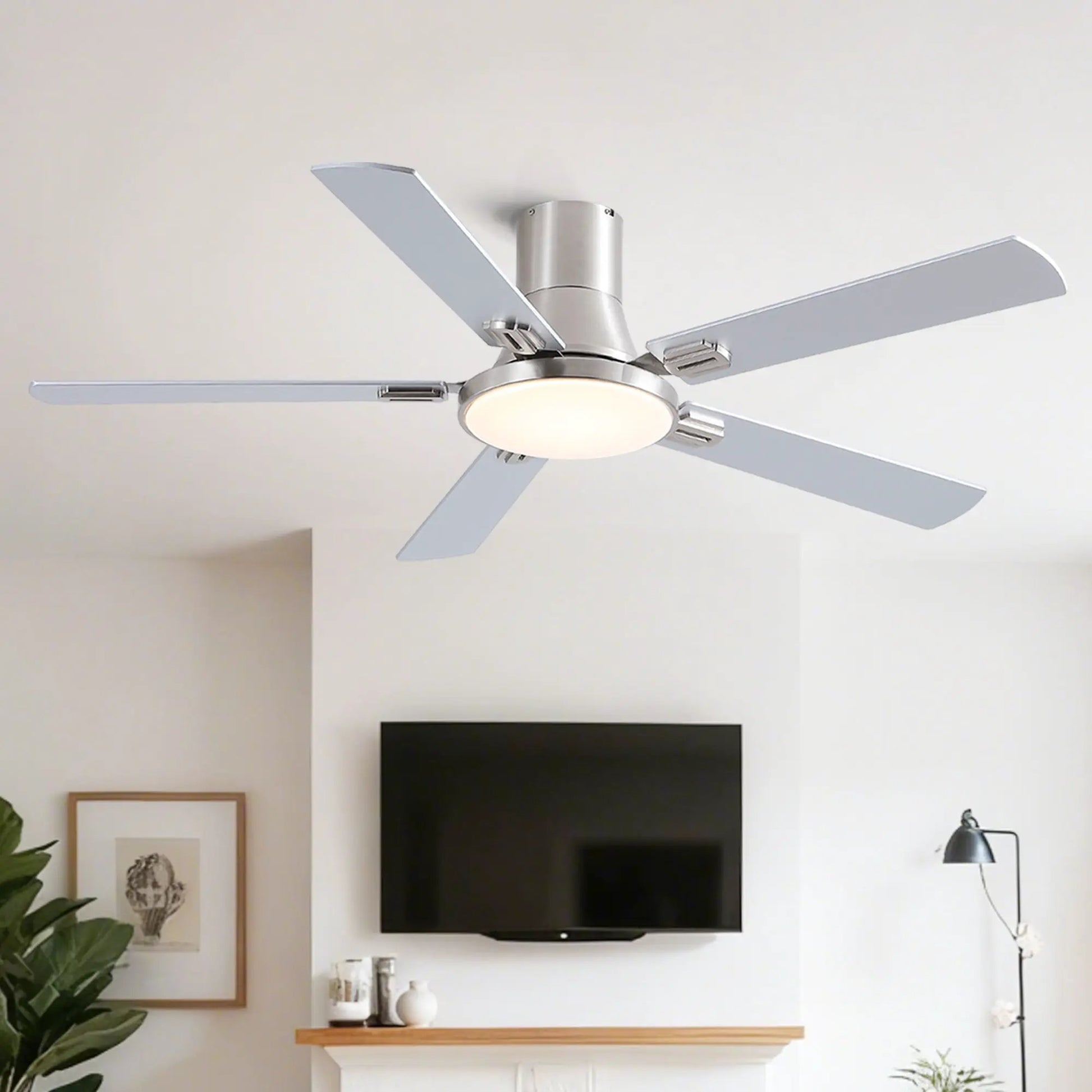 Flush mount ceiling fan with LED light and remote, 5 blades in brushed metal finish on Tampa Home & Garden Store