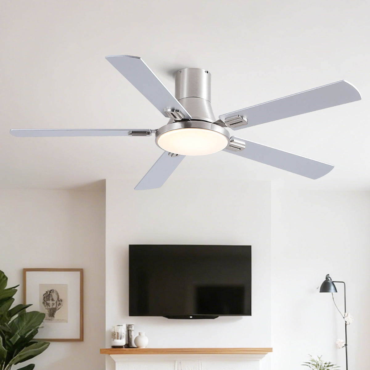Flush mount ceiling fan with LED light and remote by HouseOfZazla, pearl silver finish on Tampa Home & Garden Store