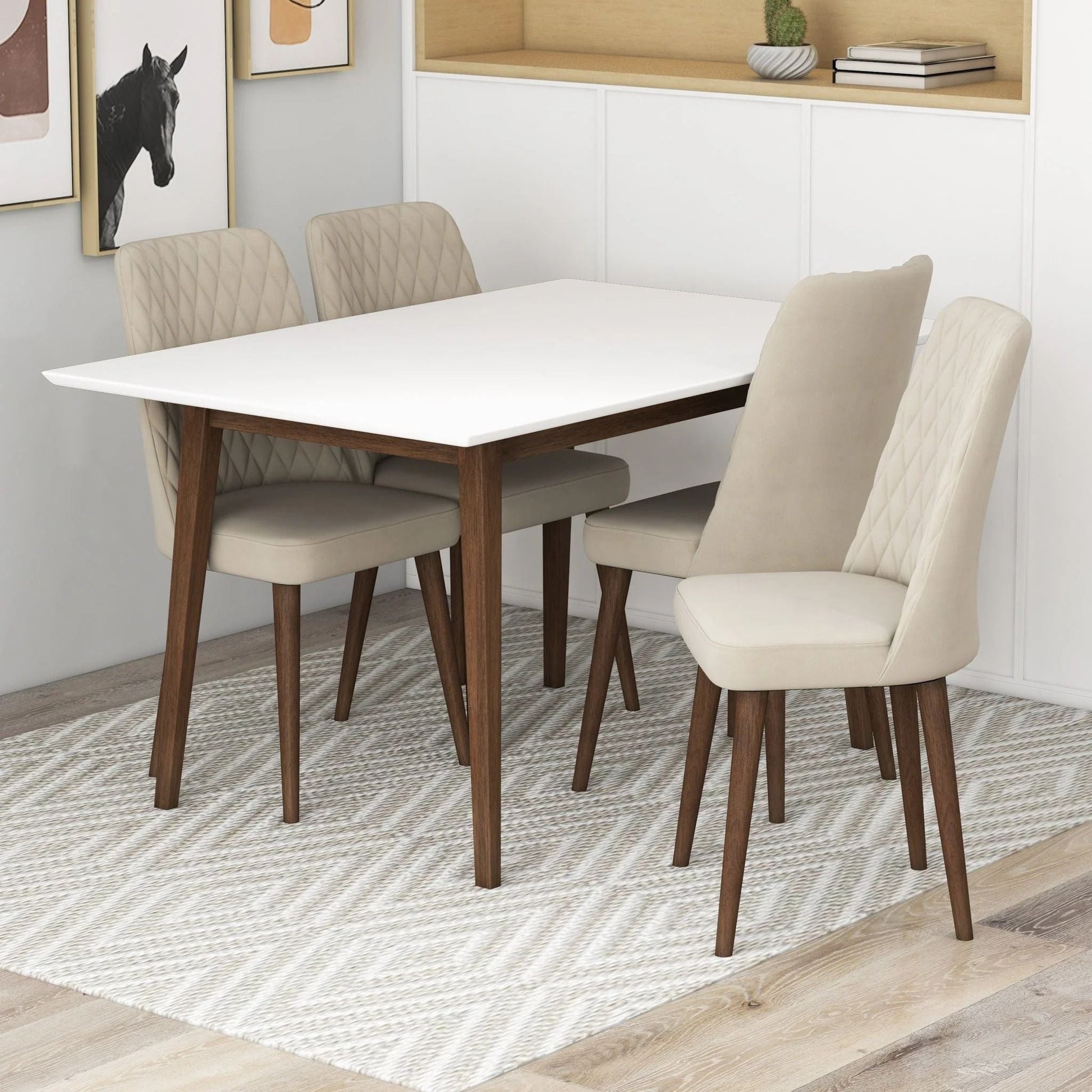 Mary HouseOfZazla dining table with white top and wood legs, 4 beige tufted chairs on Tampa Home & Garden Store
