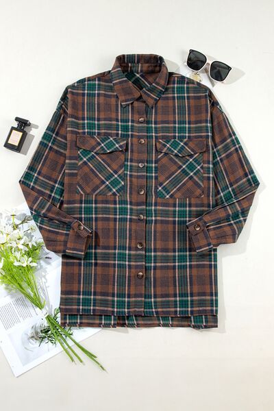 Stevvex women's plaid button-up jacket, brown-green cotton-blend on Tampa Home & Garden Store