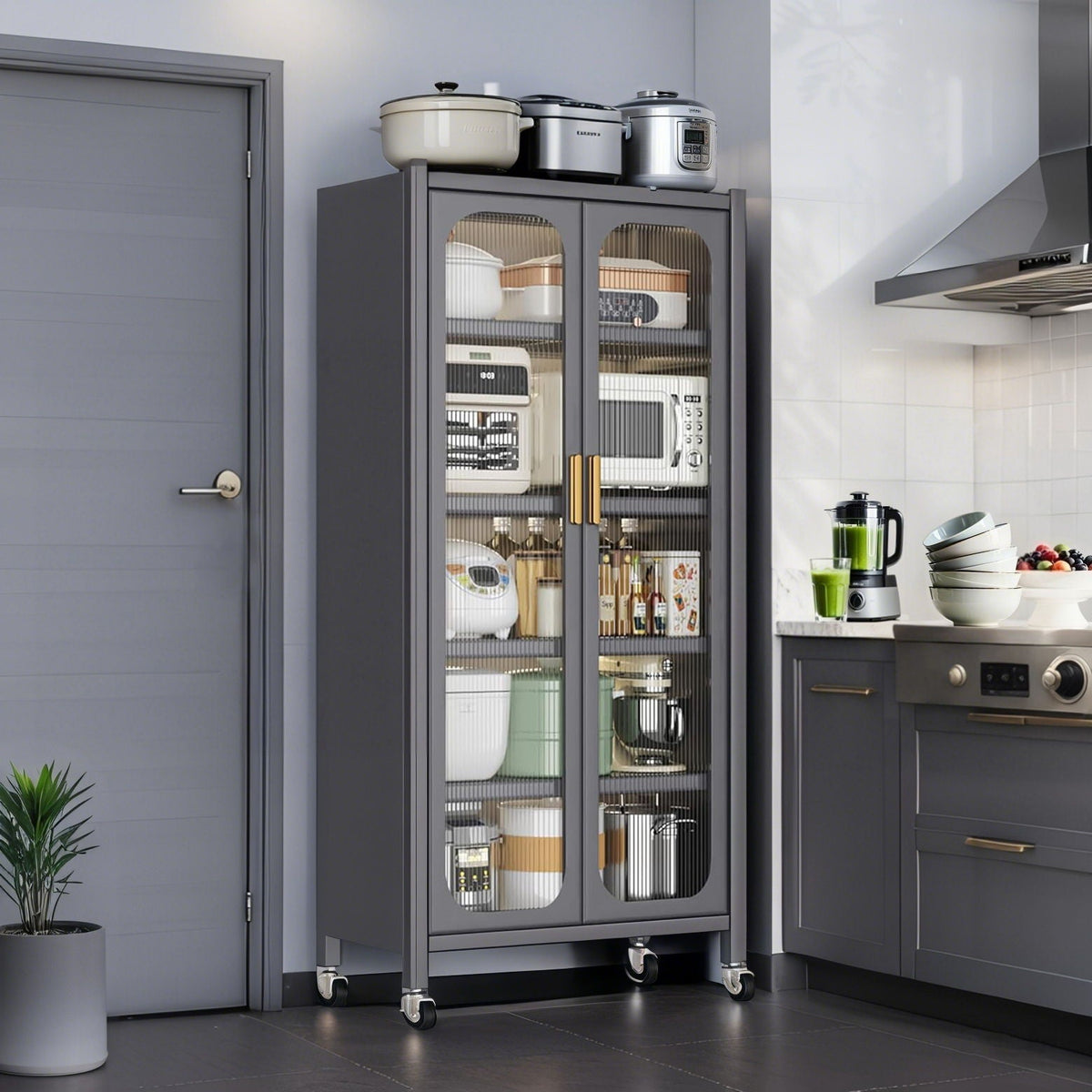 6-tier display cabinet with glass doors, dark gray metal frame, adjustable shelves, on casters on Tampa Home & Garden Store