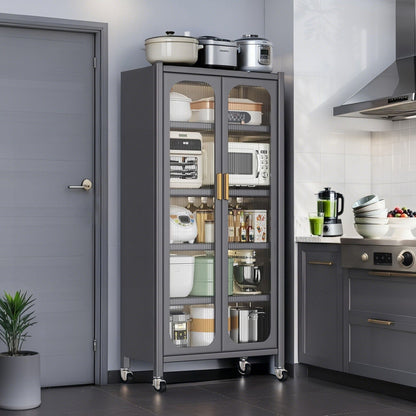6-tier display cabinet with glass doors, dark gray metal frame, adjustable shelves, on casters on Tampa Home & Garden Store