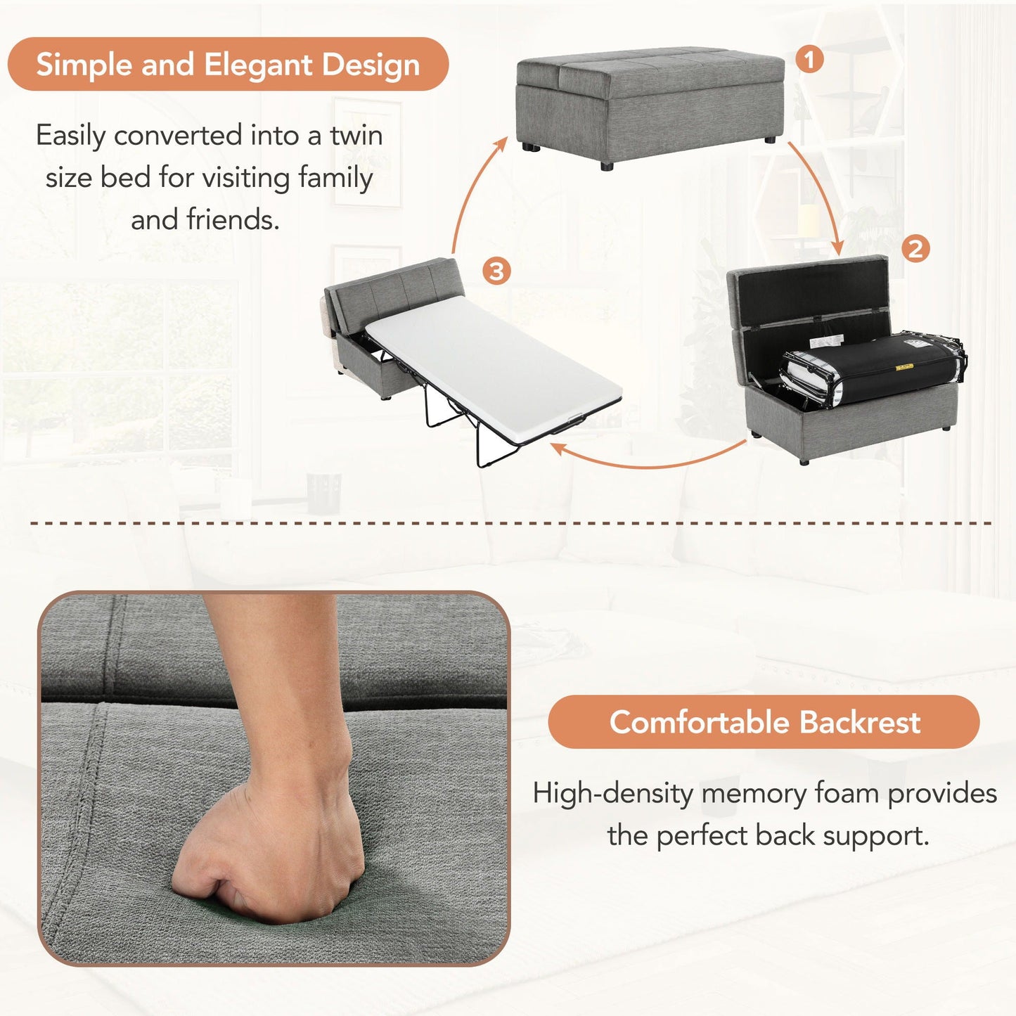 Twin size folding ottoman sleeper bed in grey fabric by HouseOfZazla with mattress on Tampa Home & Garden Store