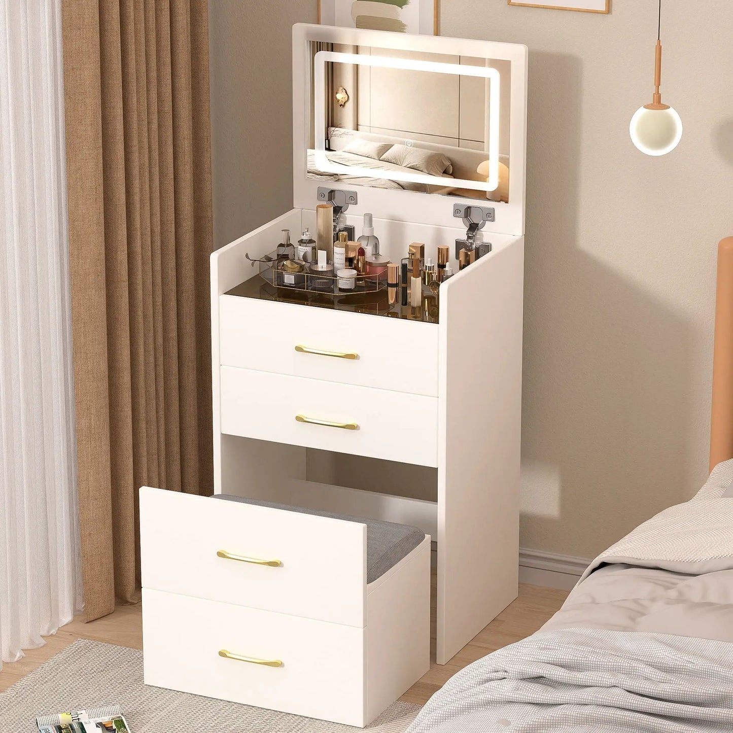 Compact 3 in 1 Vanity Desk with Open Mirror