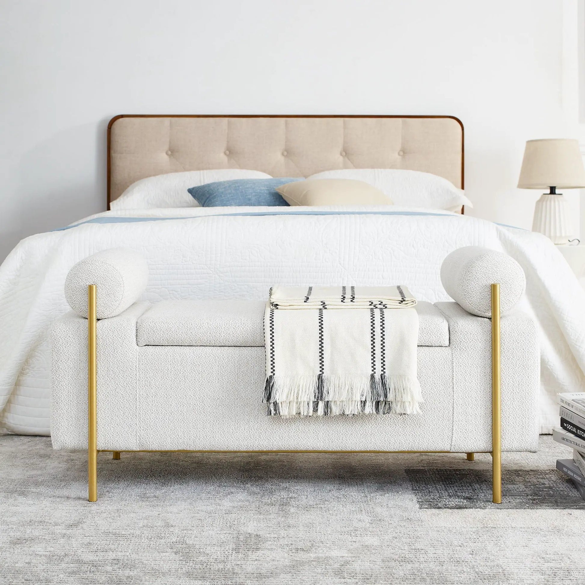 Elegant upholstered storage bench with cylindrical arms and iron legs in beige fabric on Tampa Home & Garden Store