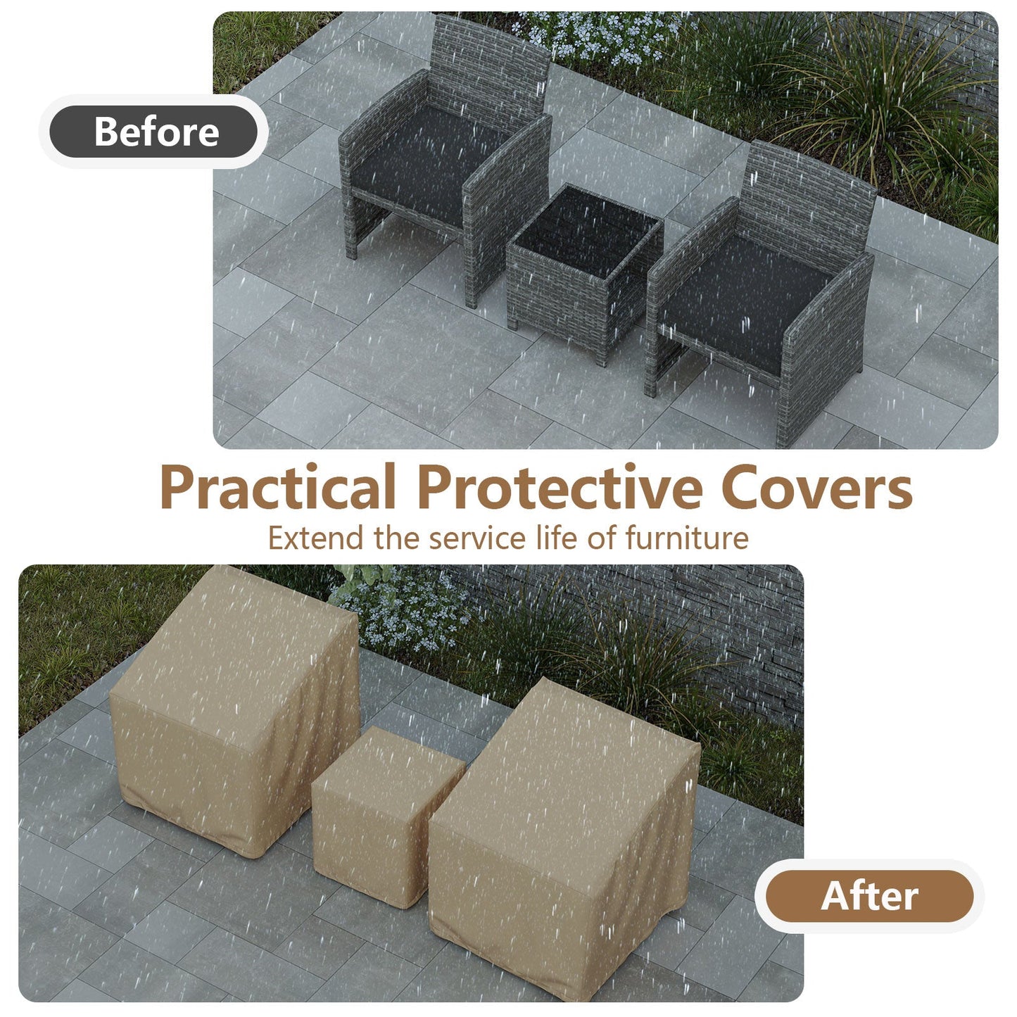 Patio Furniture Covers Waterproof Outdoor Conversation Covers for 3 Pieces Bistro Set-Beige