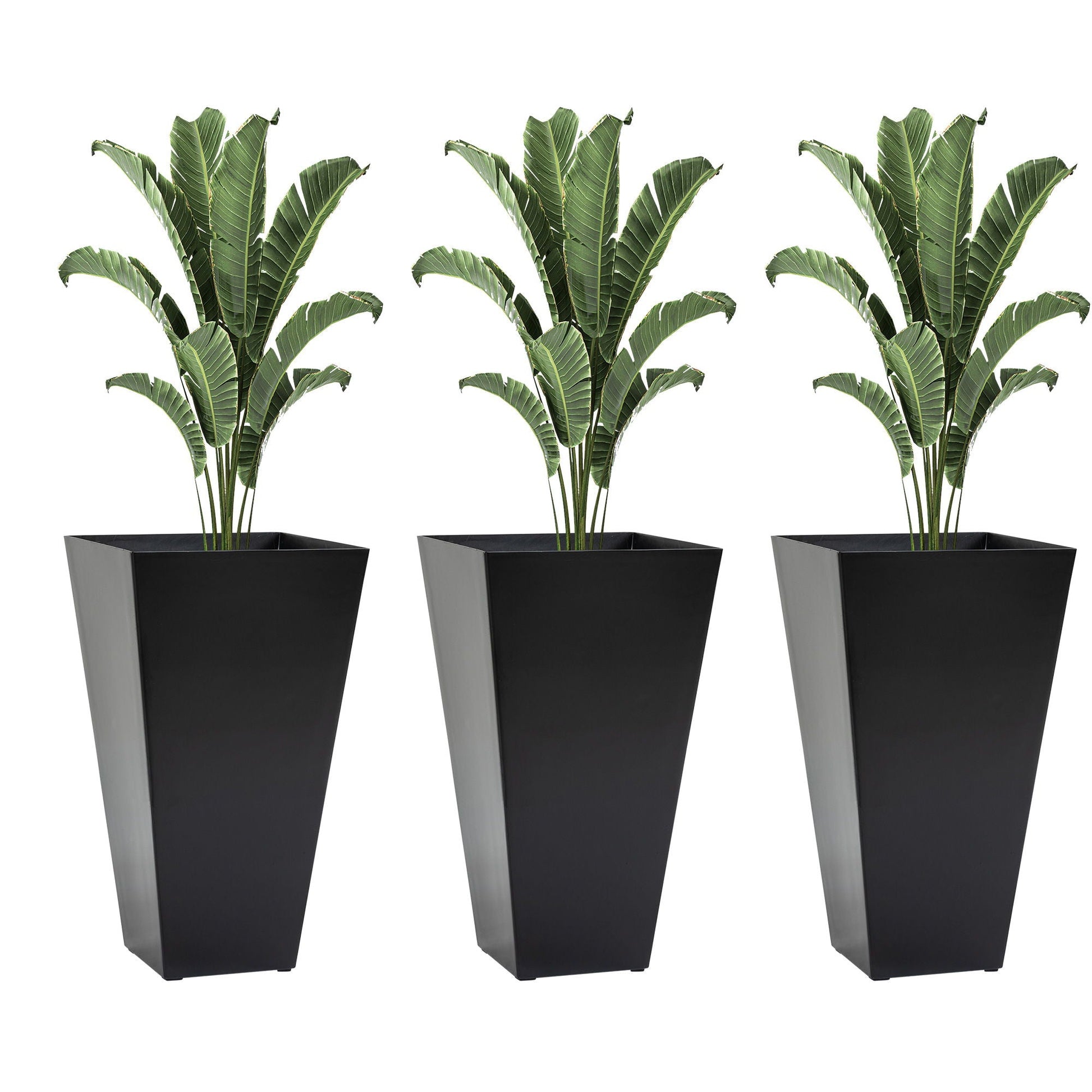 Set of 3 large tapered black plastic planters with greenery for outdoor and indoor use on Tampa Home & Garden Store