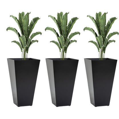 Set of 3 large tapered black plastic planters with greenery for outdoor and indoor use on Tampa Home & Garden Store