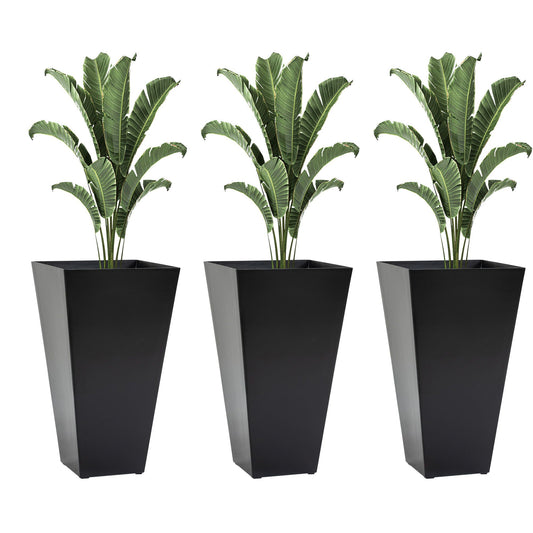 Set of 3 large tapered black plastic planters with greenery for outdoor and indoor use on Tampa Home & Garden Store