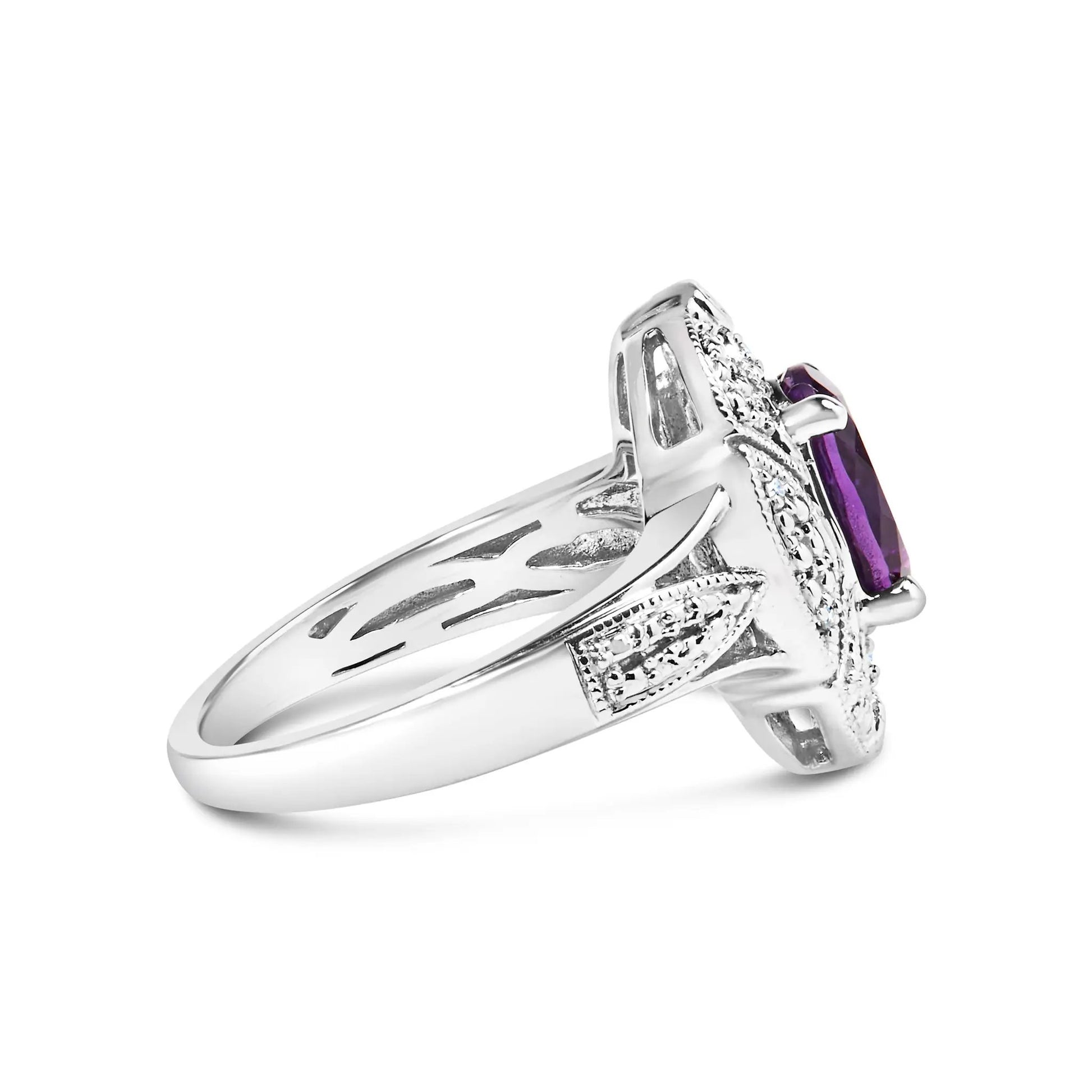 Sterling silver oval purple amethyst cocktail ring with diamond accents, Art Deco style, size 6 on Tampa Home & Garden Store