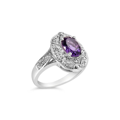Sterling silver oval purple amethyst cocktail ring with diamond accents, Art Deco design, size 6 on Tampa Home & Garden Store