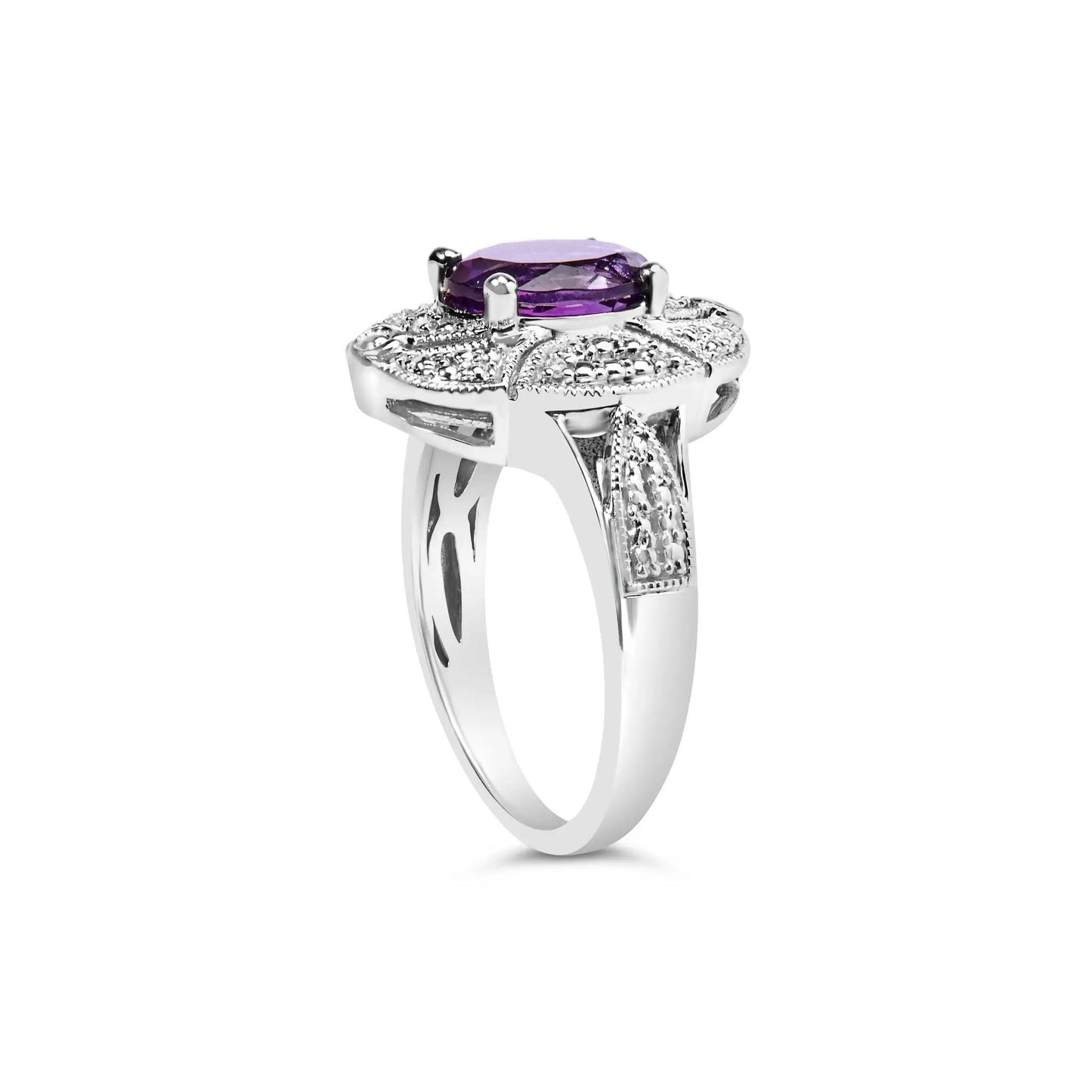 Sterling silver oval amethyst ring with diamond accents in Art Deco style, size 6, Bids.com on Tampa Home & Garden Store