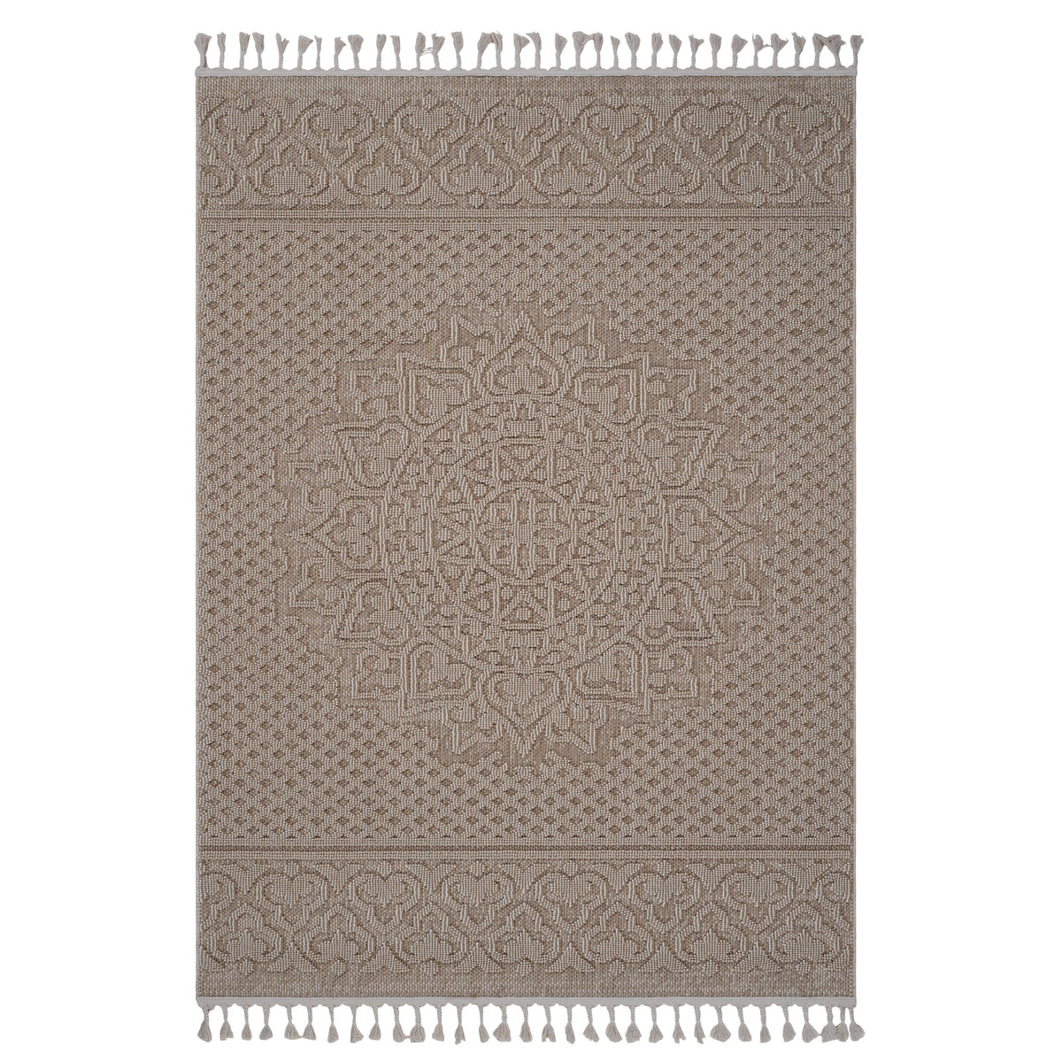 Guros A Synthetic Plush And Loop Area Rug beige-brown with tassel fringe by HouseOfZazla on Tampa Home & Garden Store