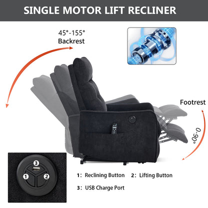 Black chenille single-motor lift recliner chair with USB port and remote pocket HouseOfZazla on Tampa Home & Garden Store