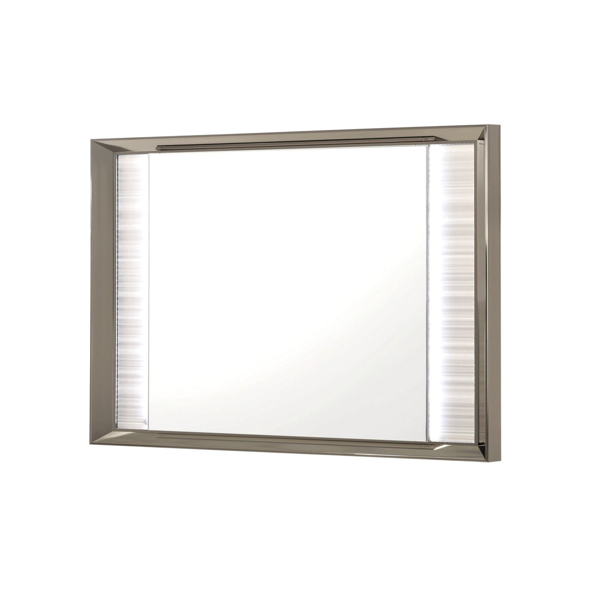 Rectangular LED mirror with brushed nickel frame and edge lighting on Tampa Home & Garden Store