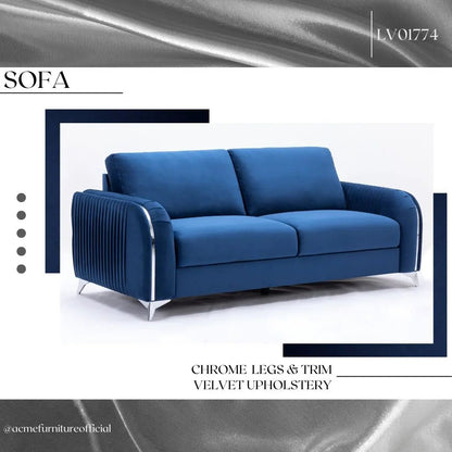 Wenona Modern Elegance Sofa blue velvet with chrome legs and trim by Unique Piece Furniture on Tampa Home & Garden Store