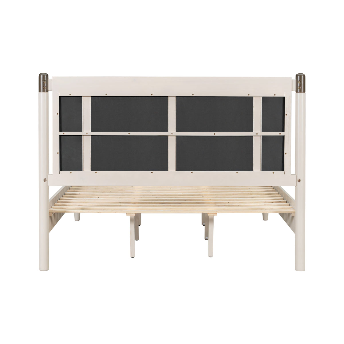 Solid wood queen bed frame with heavy-duty support, white finish and dark panel inserts on Tampa Home & Garden Store