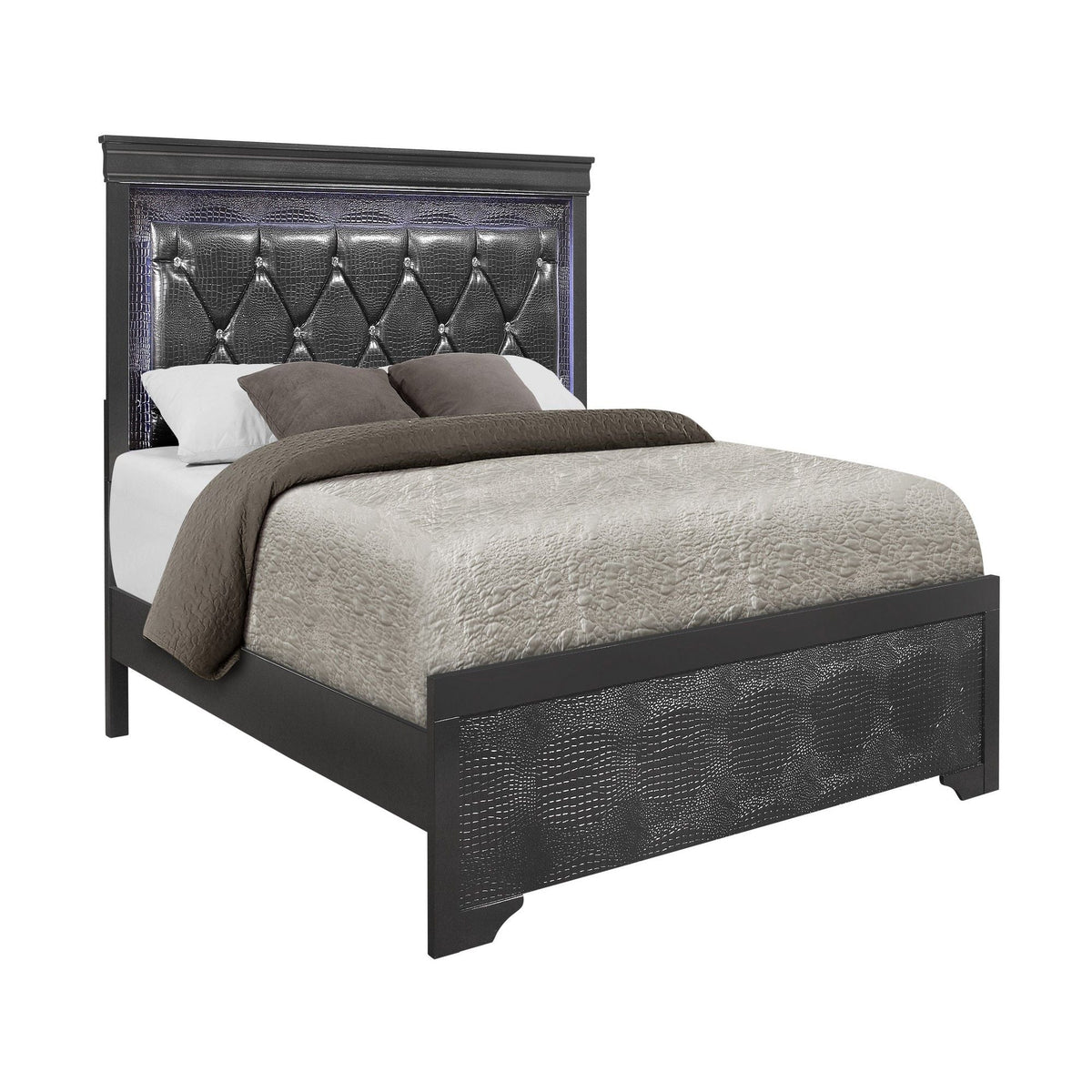 Shaker bed panel with LED lighting and crystal tufted headboard in black crocodile pattern on Tampa Home & Garden Store