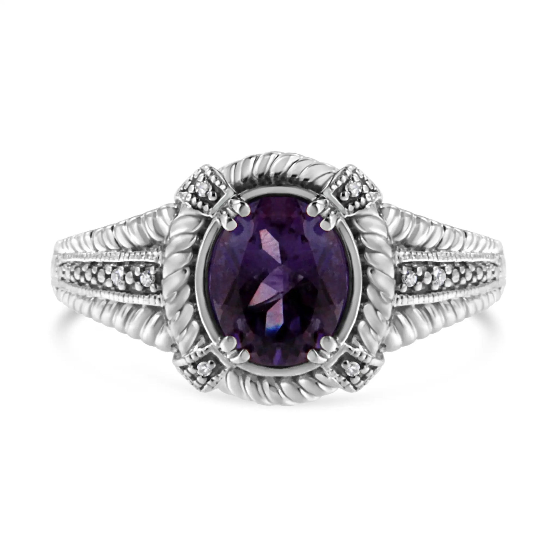 Ring Sterling Silver Purple Amethyst Solitaire with Diamond Accents rope-set band size 7 on Tampa Home & Garden Store