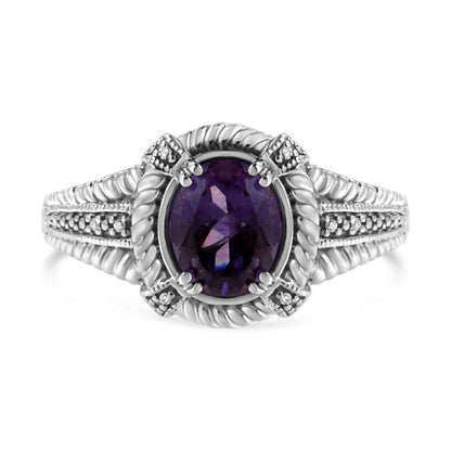 Ring Sterling Silver Purple Amethyst Solitaire with Diamond Accents rope-set band size 7 on Tampa Home & Garden Store