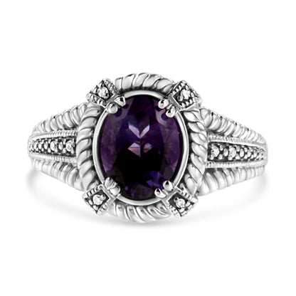 Sterling silver amethyst ring with oval purple center stone and diamond accents, size 7 on Tampa Home & Garden Store