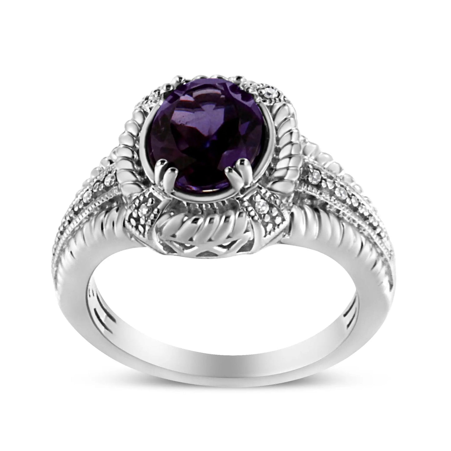 Sterling silver amethyst ring with oval purple center and diamond halo, size 7, Bids.com on Tampa Home & Garden Store