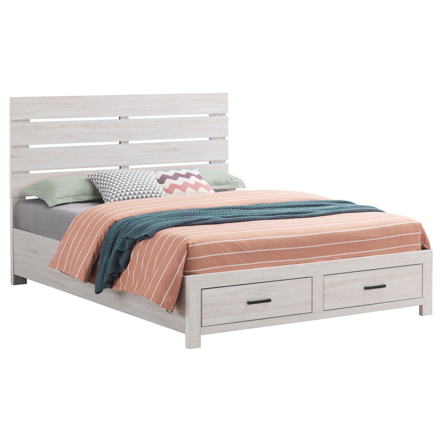 Geary Panel Bed by HouseOfZazla in light wood with slatted headboard and two under-bed drawers on Tampa Home & Garden Store