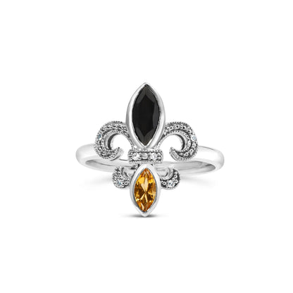 Ring: .925 silver fleur-de-lis with black onyx center and yellow citrine accents on Tampa Home & Garden Store
