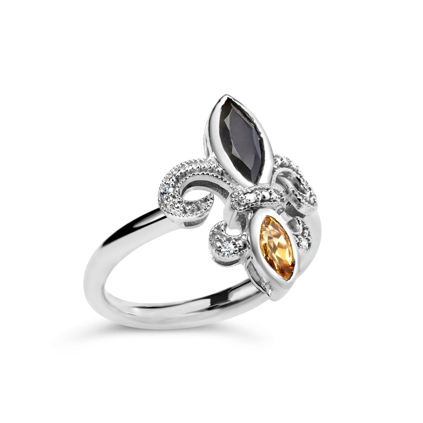 Sterling silver Fleur-de-Lis ring with black onyx and yellow citrine marquise stones by Bids.com on Tampa Home & Garden Store