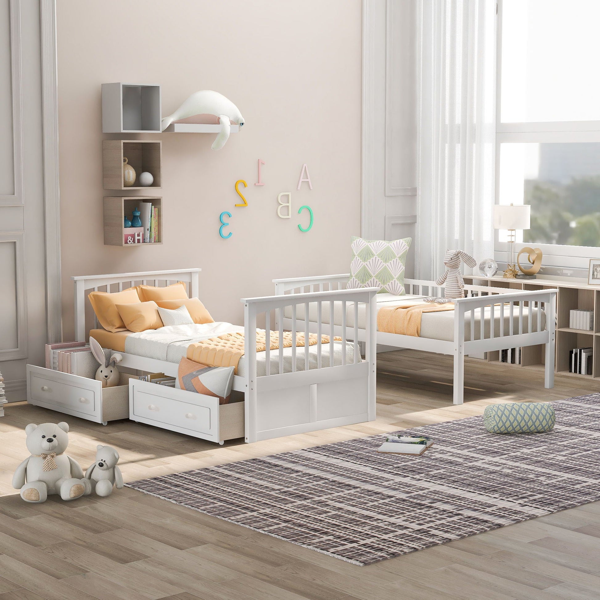 2 white twin-over-twin bunk beds with drawers, convertible design by HouseOfZazla on Tampa Home & Garden Store