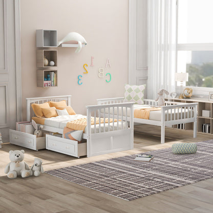 2 white twin-over-twin bunk beds with drawers, convertible design by HouseOfZazla on Tampa Home & Garden Store