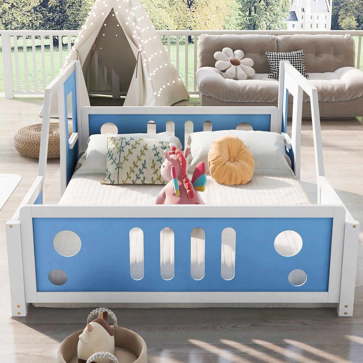 Classic car shaped platform bed with wheels in blue and white by HouseOfZazla on Tampa Home & Garden Store
