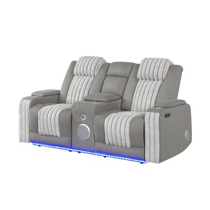 Power reclining loveseat with Bluetooth and sound, gray upholstery, cupholders and LED base on Tampa Home & Garden Store
