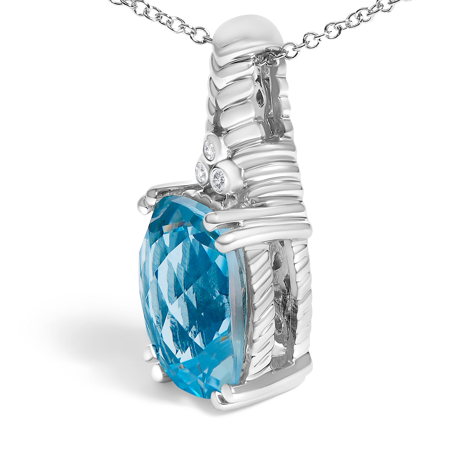 Sterling silver blue topaz pendant necklace with diamonds in textured setting 18in chain on Tampa Home & Garden Store