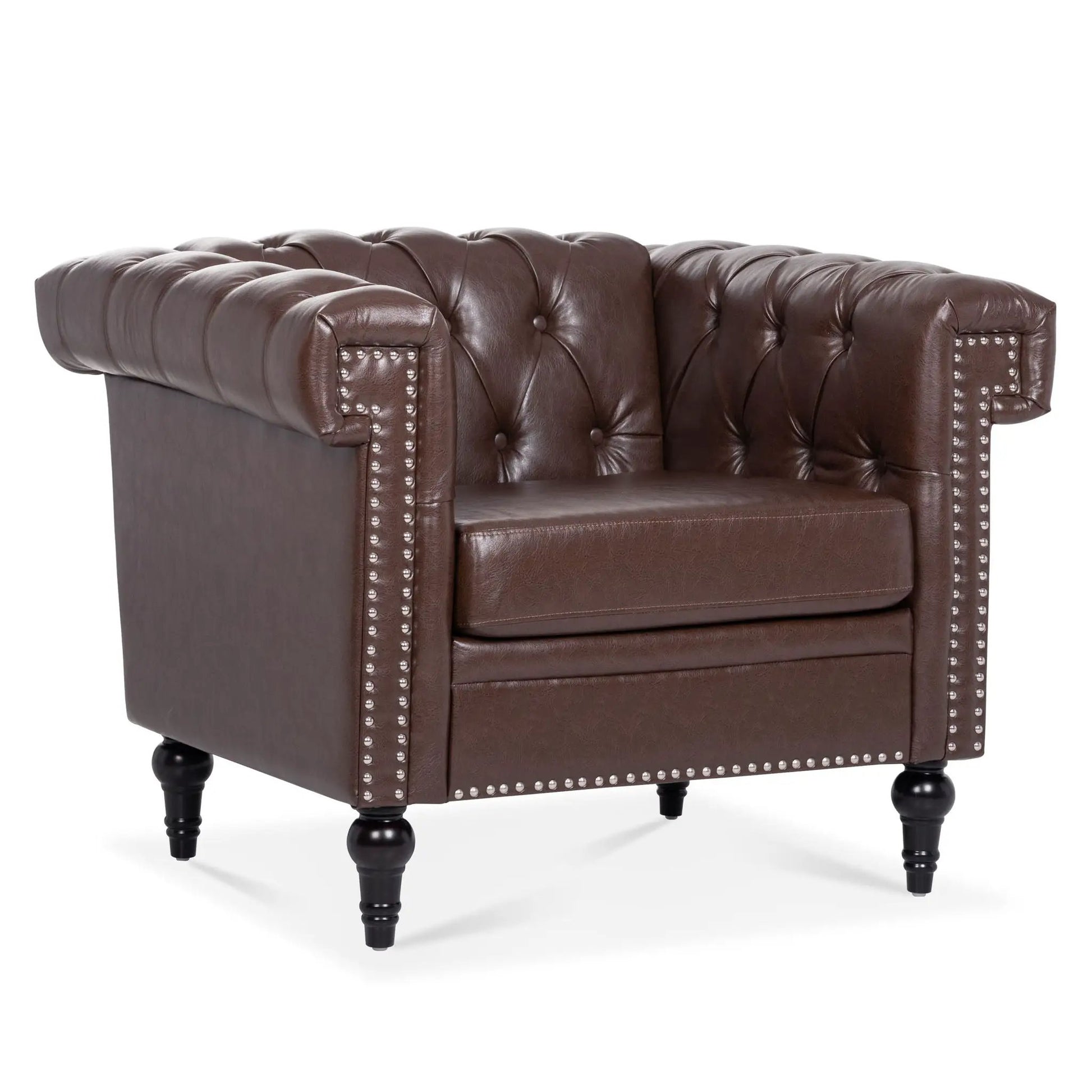 1 Seater Sofa Living Room brown leather tufted with nailhead trim and dark wood legs on Tampa Home & Garden Store