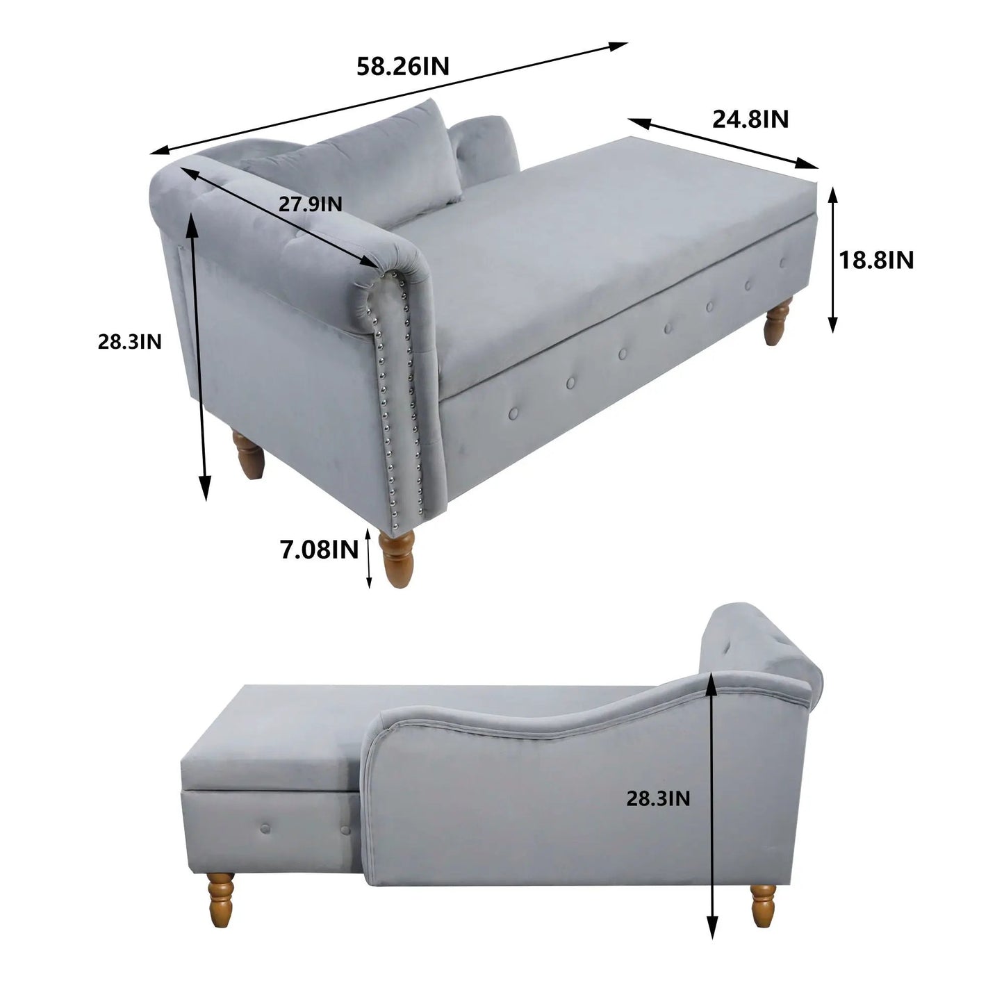 Chaise Lounge Indoor light gray fabric with rolled arms, nailhead trim, storage and pillow Unique Piece Furniture on Tampa Home & Garden Store