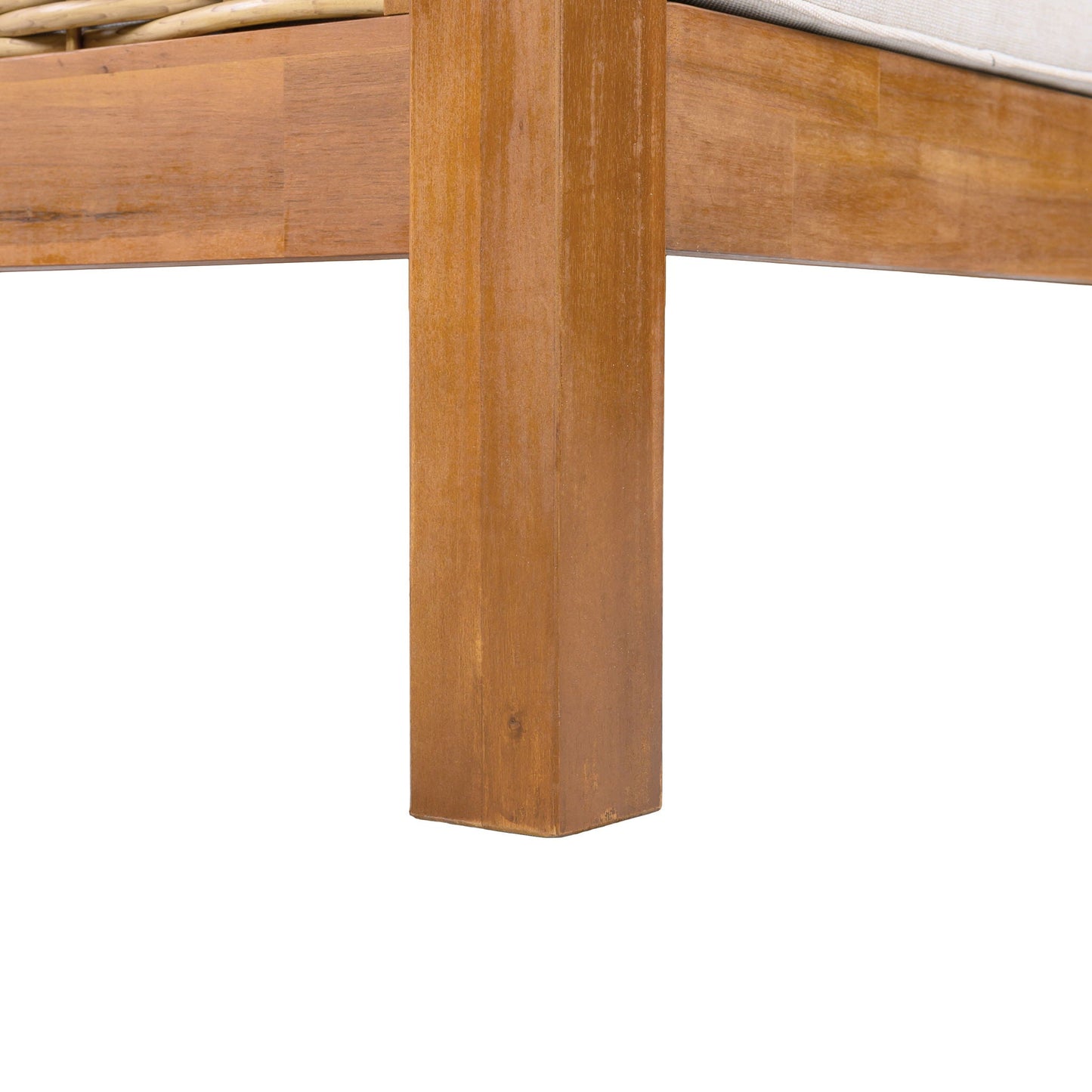 Outdoor club chair teak frame with beige cushion close-up on Tampa Home & Garden Store