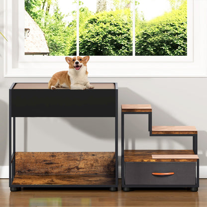 Pet Step Window Perch for Dogs; Black metal frame with wood steps and tan top, dog on perch on Tampa Home & Garden Store