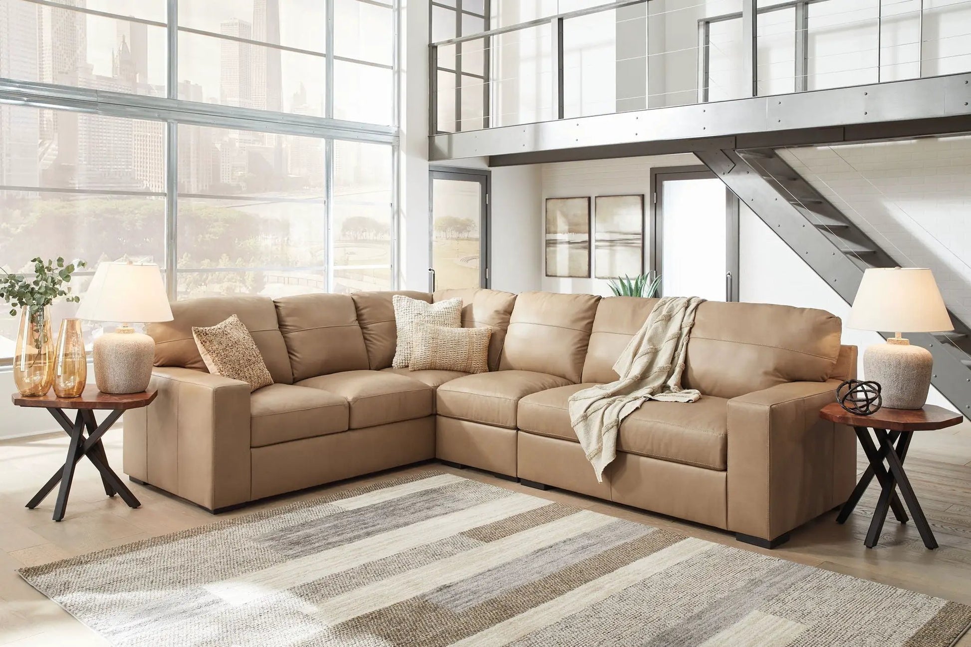 Bandon Sectional, tan leather-look stationary sofa by Unique Piece Furniture in a modern loft on Tampa Home & Garden Store