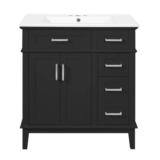 Modern bathroom vanity with white sink, black cabinet and standard drawers with metal handles on Tampa Home & Garden Store