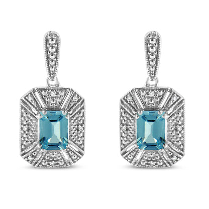 Sterling silver emerald-cut blue topaz drop earrings with diamond halo, Art Deco pair on Tampa Home & Garden Store