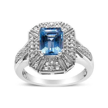 Sterling silver blue topaz ring with emerald-cut center stone and diamond accents size 7 on Tampa Home & Garden Store