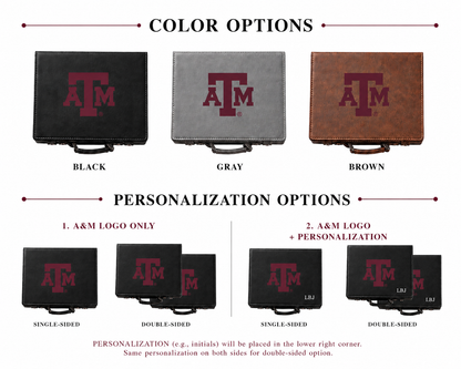 Texas A&M 100-chip leather poker set in black, gray, or brown cases with TAMU logo on Tampa Home & Garden Store