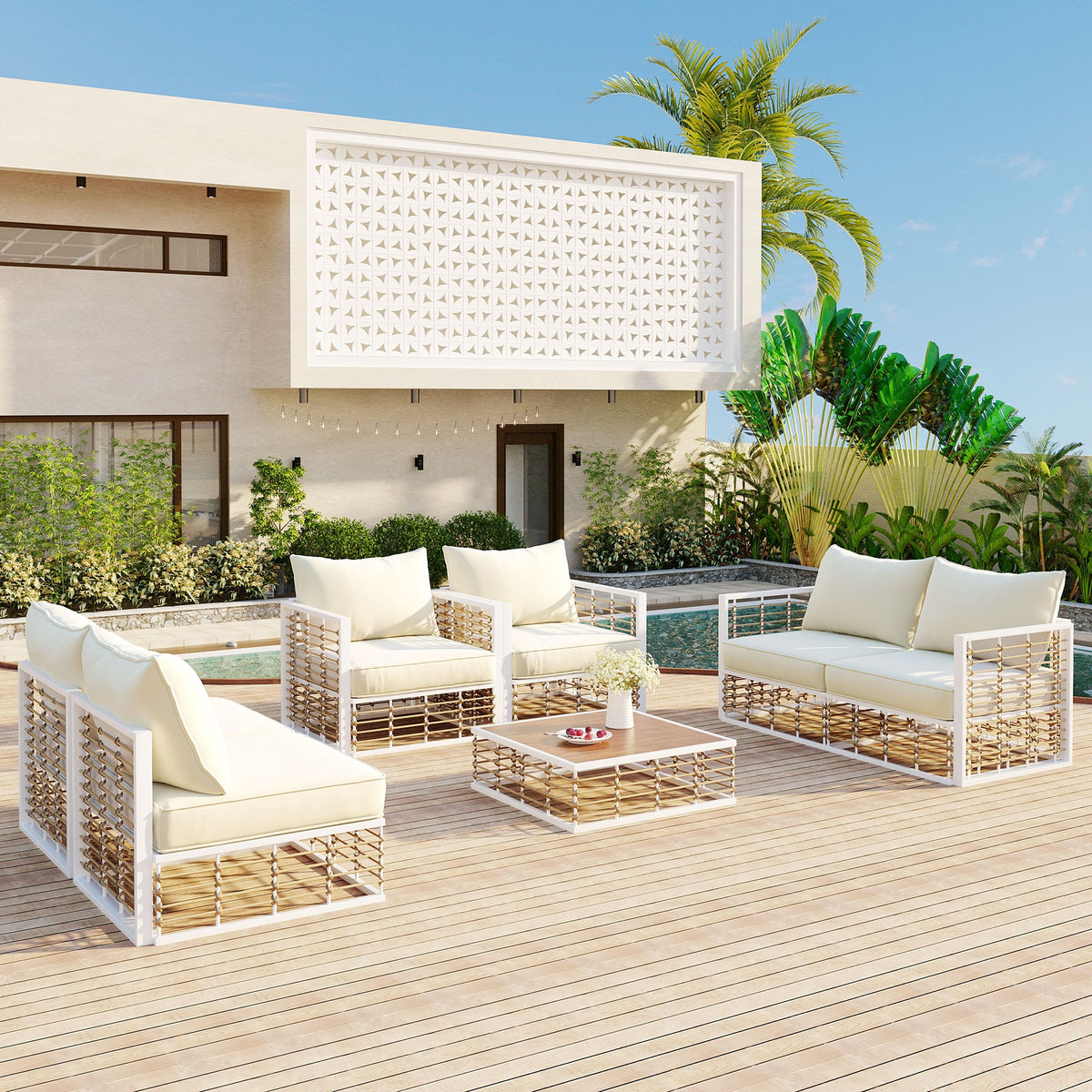 TOPMAX 7pc minimalist metal patio sectional sofa set with white cushions on wood deck on Tampa Home & Garden Store